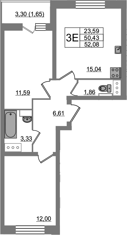 3-комнатная 53 м<sup>2</sup> на 5 этаже 3-комнатная 53 м<sup>2</sup> на 5 этаже
