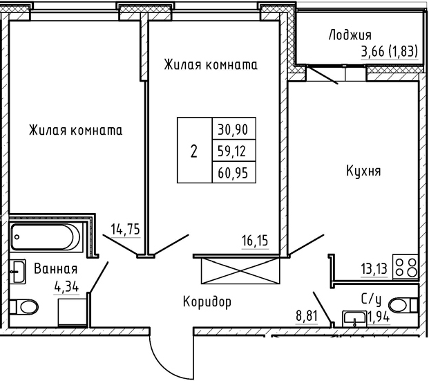 2-комнатная 62 м<sup>2</sup> на 1 этаже 2-комнатная 62 м<sup>2</sup> на 1 этаже