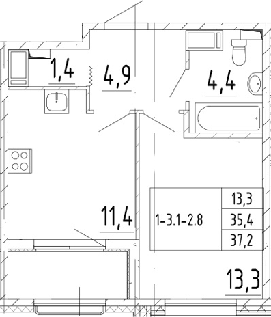1-комнатная 39 м<sup>2</sup> на 9 этаже 1-комнатная 39 м<sup>2</sup> на 9 этаже