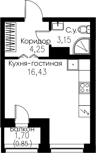 Студия 25 м<sup>2</sup> на 7 этаже Студия 25 м<sup>2</sup> на 7 этаже