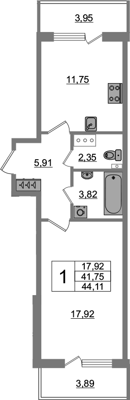 1-комнатная 49 м<sup>2</sup> на 4 этаже 1-комнатная 49 м<sup>2</sup> на 4 этаже