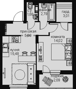 2-комнатная 46 м<sup>2</sup> на 4 этаже 2-комнатная 46 м<sup>2</sup> на 4 этаже