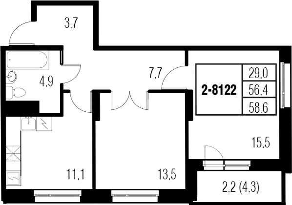2-комнатная 60 м<sup>2</sup> на 16 этаже 2-комнатная 60 м<sup>2</sup> на 16 этаже