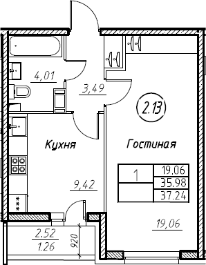 1-комнатная 38 м<sup>2</sup> на 5 этаже 1-комнатная 38 м<sup>2</sup> на 5 этаже