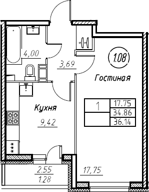 1-комнатная 37 м<sup>2</sup> на 7 этаже 1-комнатная 37 м<sup>2</sup> на 7 этаже