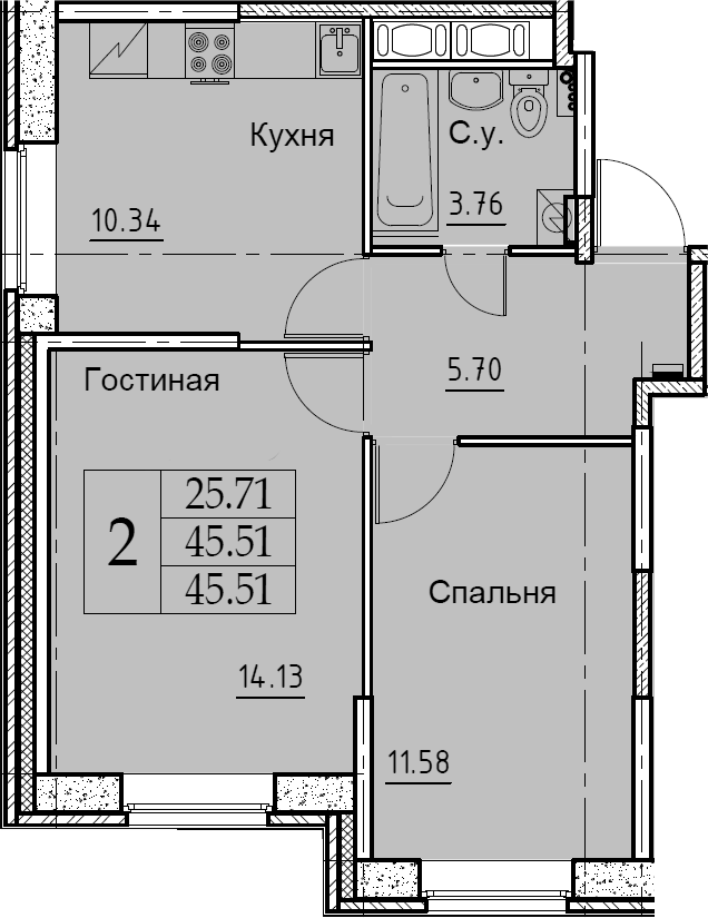 2-комнатная 45 м<sup>2</sup> на 1 этаже 2-комнатная 45 м<sup>2</sup> на 1 этаже