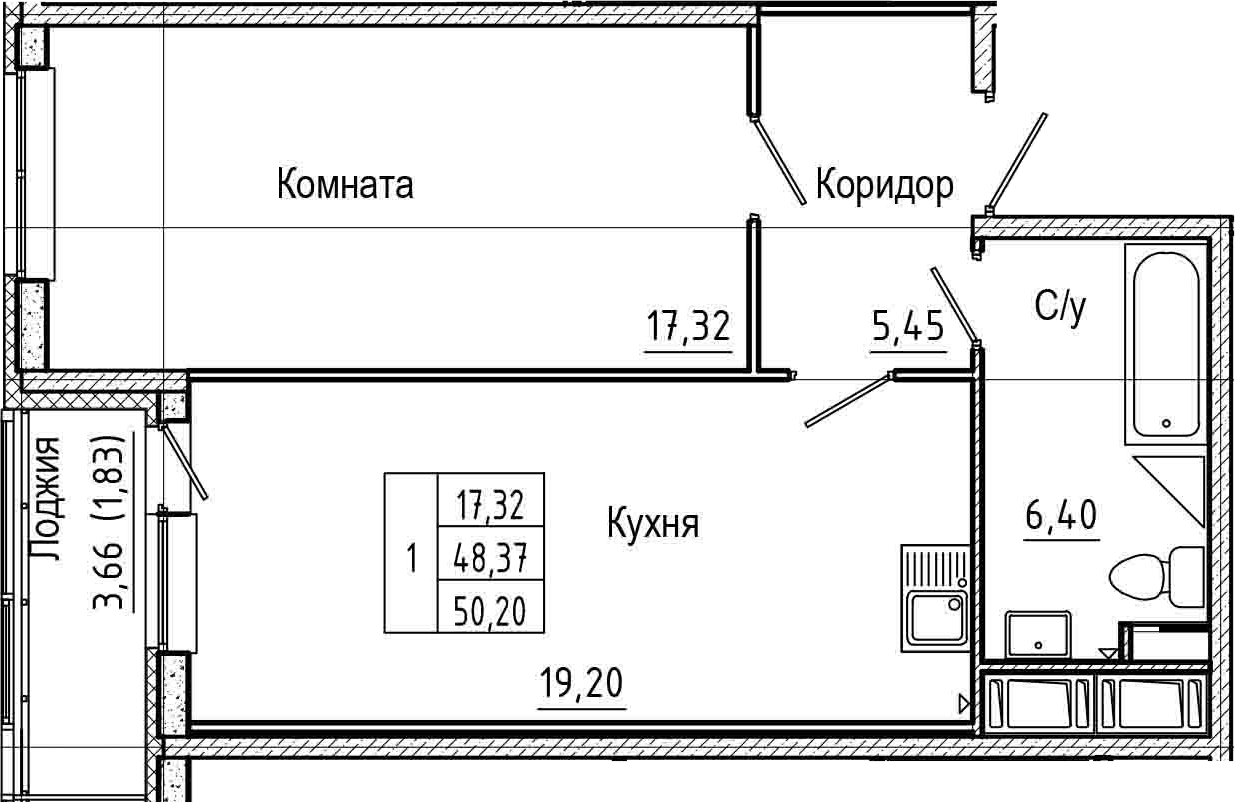 2-комнатная 52 м<sup>2</sup> на 19 этаже 2-комнатная 52 м<sup>2</sup> на 19 этаже