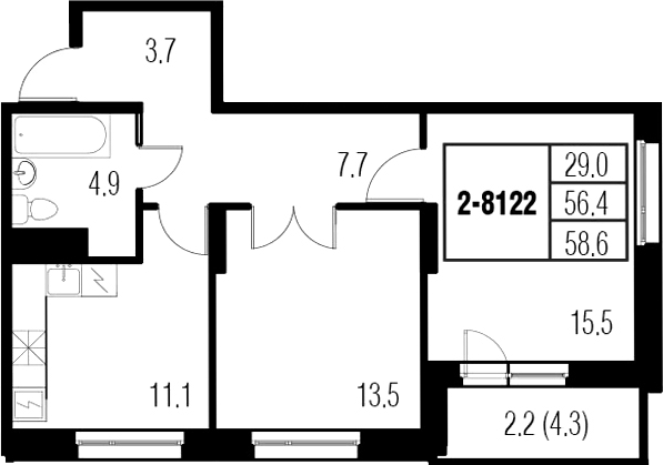 2-комнатная 60 м<sup>2</sup> на 13 этаже 2-комнатная 60 м<sup>2</sup> на 13 этаже