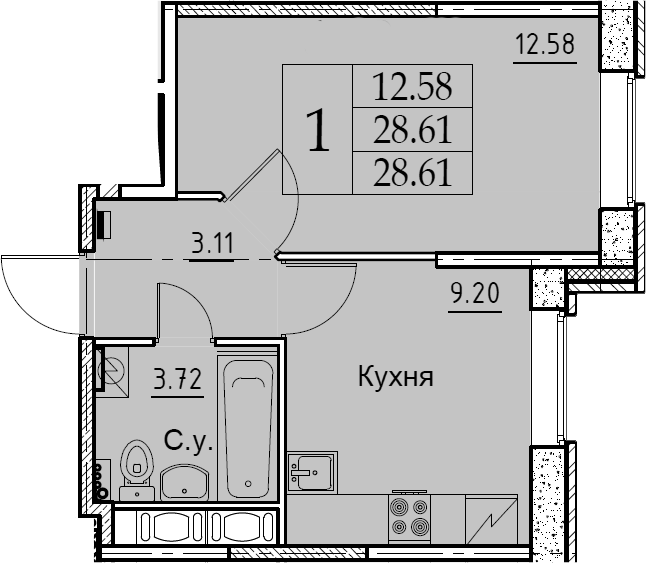1-комнатная 28 м<sup>2</sup> на 2 этаже 1-комнатная 28 м<sup>2</sup> на 2 этаже
