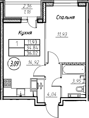 1-комнатная 37 м<sup>2</sup> на 13 этаже 1-комнатная 37 м<sup>2</sup> на 13 этаже
