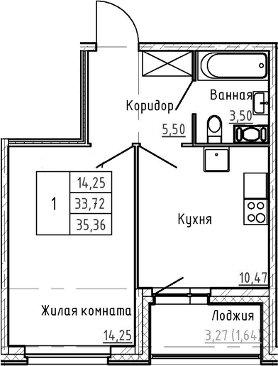 1-комнатная 37 м<sup>2</sup> на 2 этаже 1-комнатная 37 м<sup>2</sup> на 2 этаже
