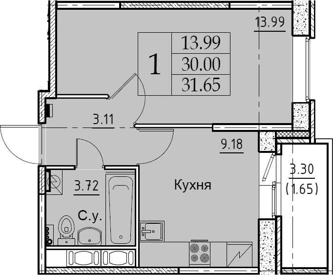 1-комнатная 33 м<sup>2</sup> на 10 этаже 1-комнатная 33 м<sup>2</sup> на 10 этаже