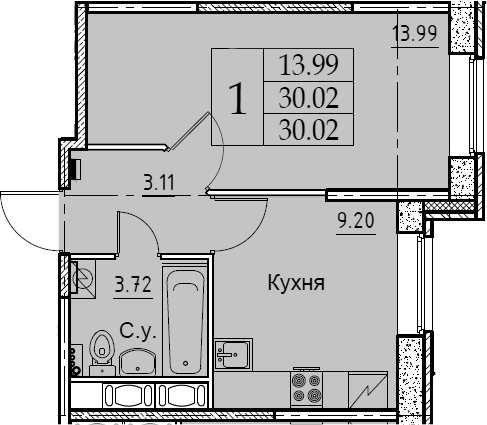 1-комнатная 30 м<sup>2</sup> на 2 этаже 1-комнатная 30 м<sup>2</sup> на 2 этаже