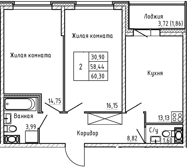 2-комнатная 62 м<sup>2</sup> на 4 этаже 2-комнатная 62 м<sup>2</sup> на 4 этаже