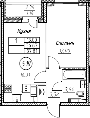 2-комнатная 38 м<sup>2</sup> на 13 этаже 2-комнатная 38 м<sup>2</sup> на 13 этаже