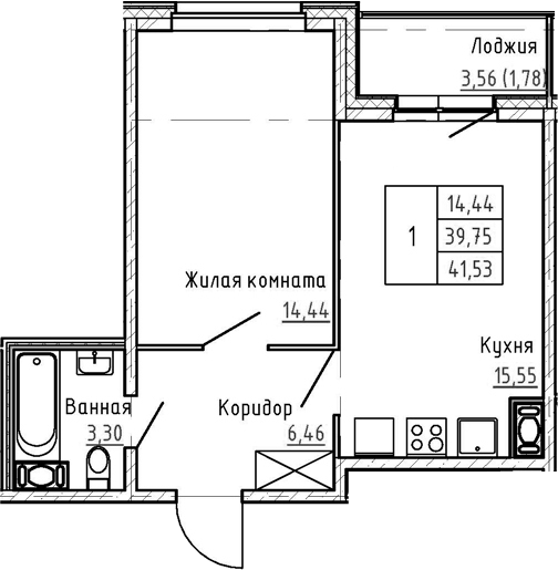 2-комнатная 43 м<sup>2</sup> на 4 этаже 2-комнатная 43 м<sup>2</sup> на 4 этаже