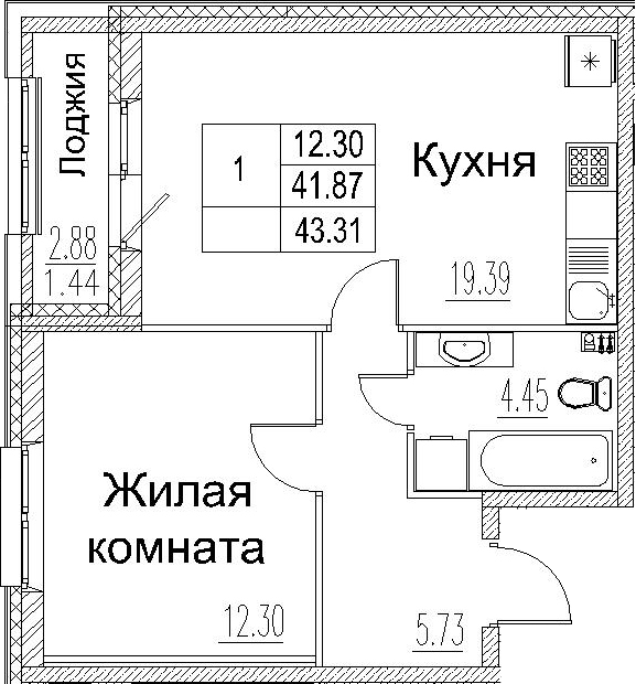 2-комнатная 44 м<sup>2</sup> на 2 этаже 2-комнатная 44 м<sup>2</sup> на 2 этаже