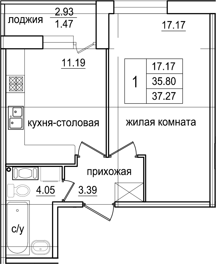 1-комнатная 38 м<sup>2</sup> на 2 этаже 1-комнатная 38 м<sup>2</sup> на 2 этаже