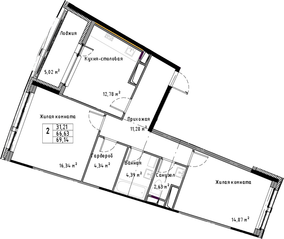 2-комнатная 71 м<sup>2</sup> на 3 этаже 2-комнатная 71 м<sup>2</sup> на 3 этаже