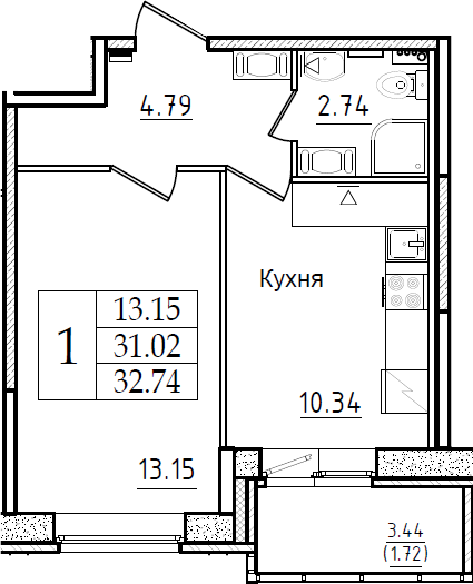 1-комнатная 34 м<sup>2</sup> на 2 этаже 1-комнатная 34 м<sup>2</sup> на 2 этаже