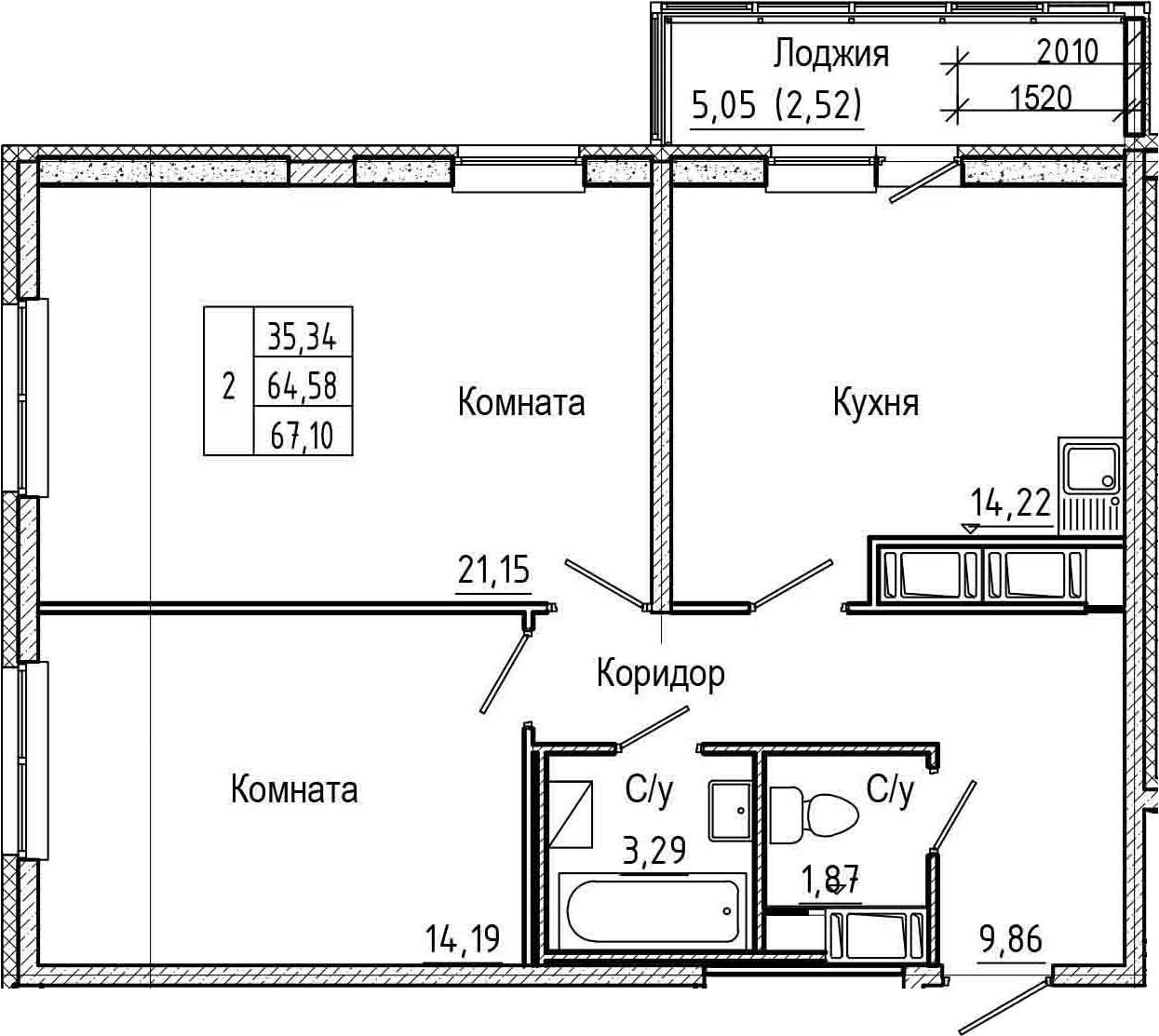 2-комнатная 69 м<sup>2</sup> на 17 этаже 2-комнатная 69 м<sup>2</sup> на 17 этаже
