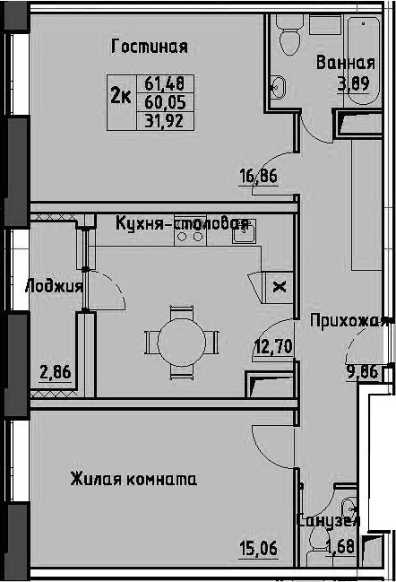 2-комнатная 62 м<sup>2</sup> на 3 этаже 2-комнатная 62 м<sup>2</sup> на 3 этаже