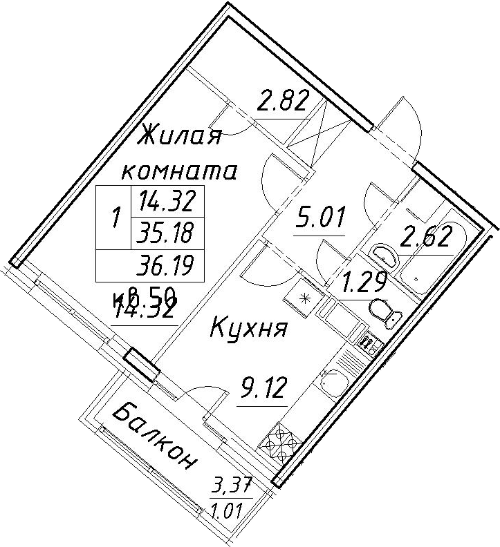 1-комнатная 38 м<sup>2</sup> на 4 этаже 1-комнатная 38 м<sup>2</sup> на 4 этаже