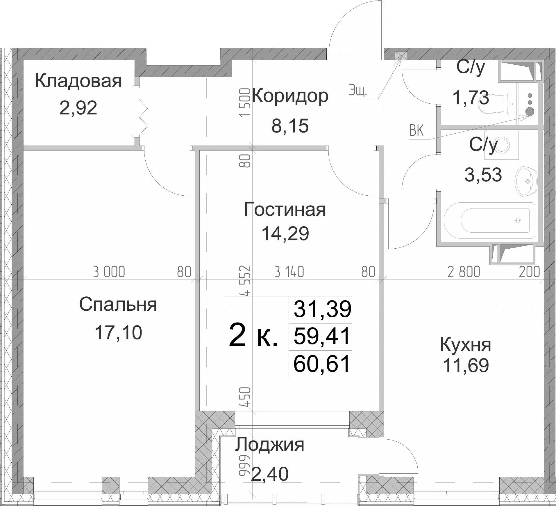 2-комнатная 61 м<sup>2</sup> на 2 этаже 2-комнатная 61 м<sup>2</sup> на 2 этаже
