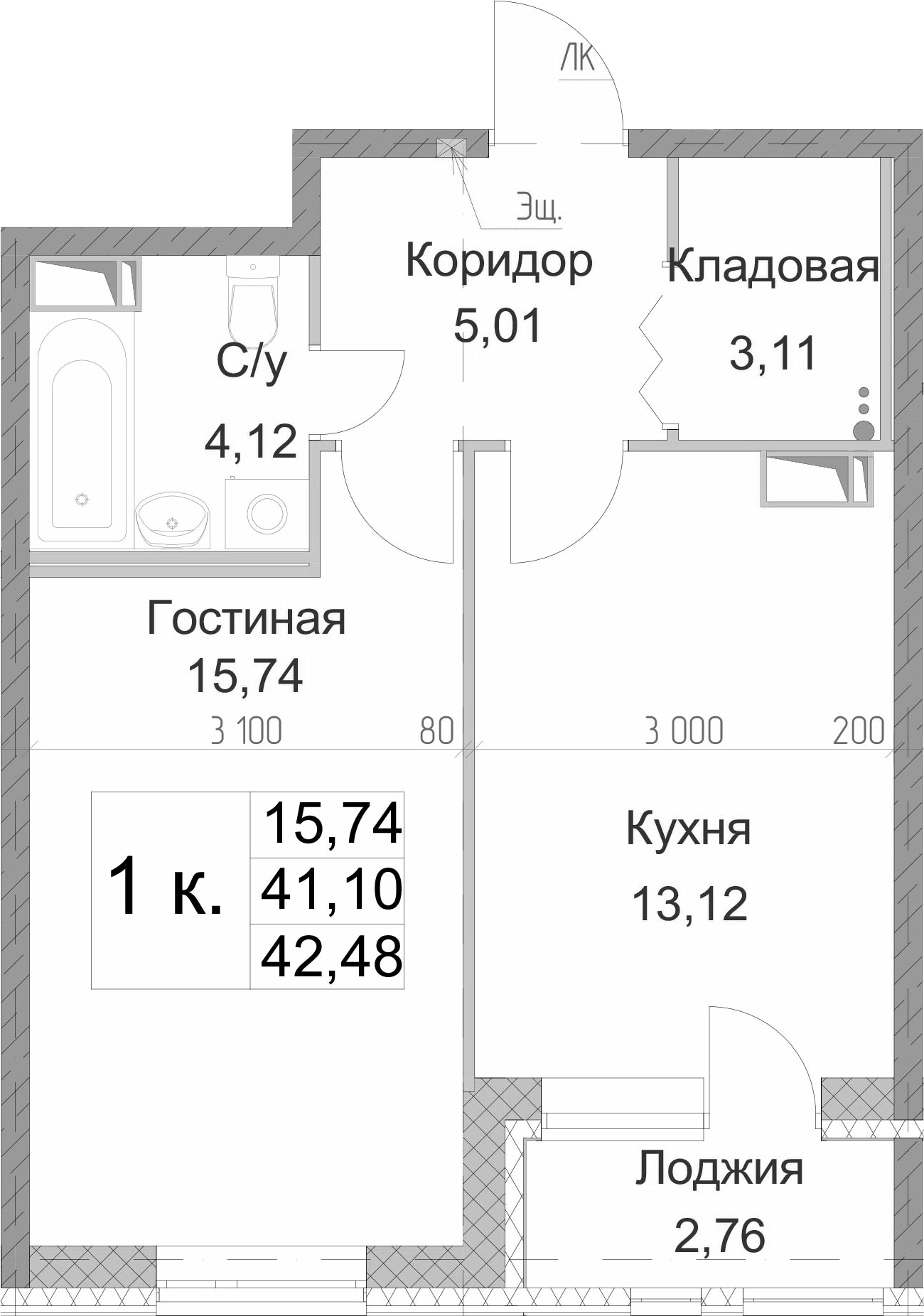 1-комнатная 43 м<sup>2</sup> на 3 этаже 1-комнатная 43 м<sup>2</sup> на 3 этаже