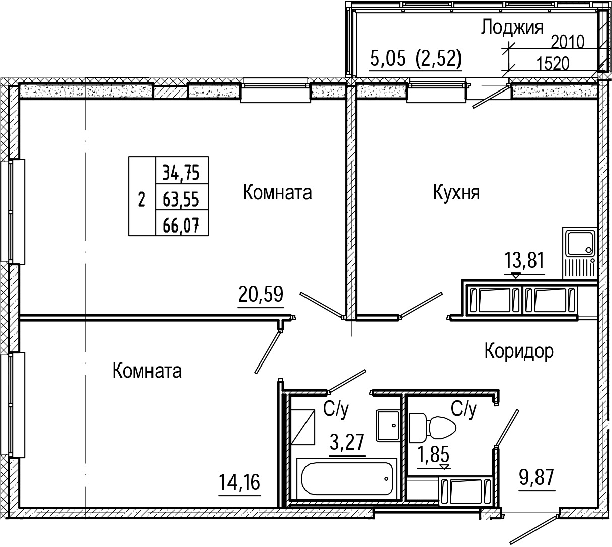 2-комнатная 68 м<sup>2</sup> на 19 этаже 2-комнатная 68 м<sup>2</sup> на 19 этаже
