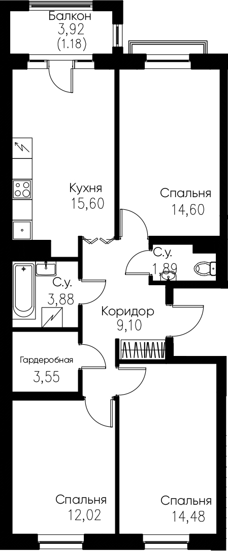 4-комнатная 79 м<sup>2</sup> на 3 этаже 4-комнатная 79 м<sup>2</sup> на 3 этаже