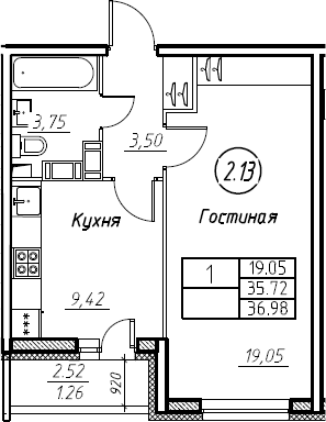 1-комнатная 38 м<sup>2</sup> на 15 этаже 1-комнатная 38 м<sup>2</sup> на 15 этаже