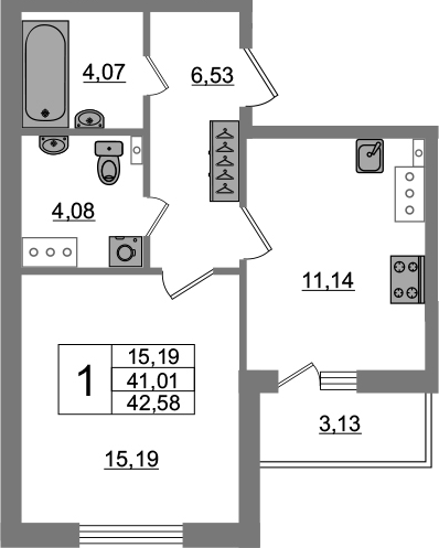 1-комнатная 44 м<sup>2</sup> на 2 этаже 1-комнатная 44 м<sup>2</sup> на 2 этаже