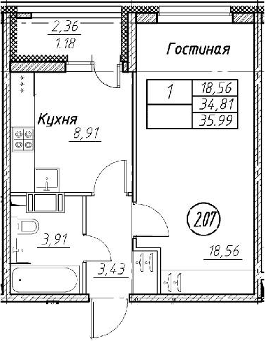 2-комнатная 37 м<sup>2</sup> на 11 этаже 2-комнатная 37 м<sup>2</sup> на 11 этаже