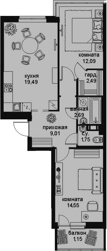 3-комнатная 65 м<sup>2</sup> на 3 этаже 3-комнатная 65 м<sup>2</sup> на 3 этаже