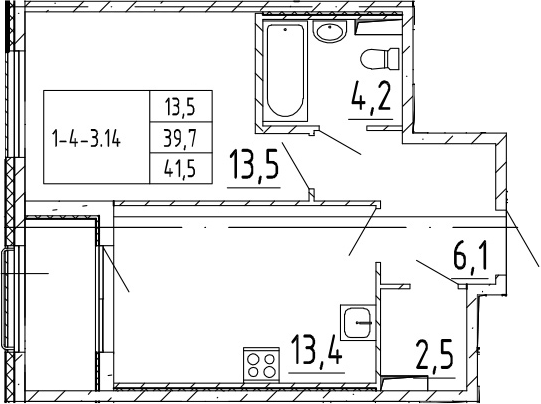 1-комнатная 43 м<sup>2</sup> на 2 этаже 1-комнатная 43 м<sup>2</sup> на 2 этаже