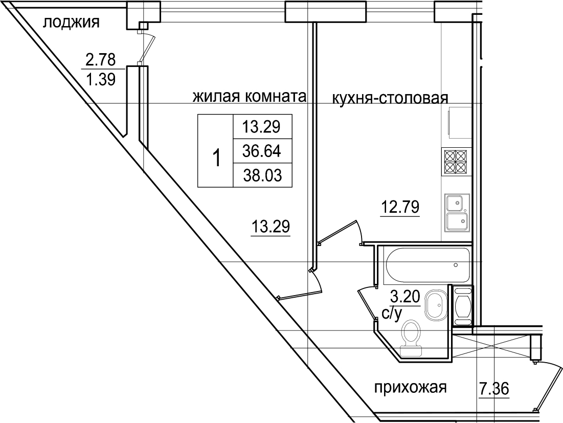 1-комнатная 39 м<sup>2</sup> на 13 этаже 1-комнатная 39 м<sup>2</sup> на 13 этаже