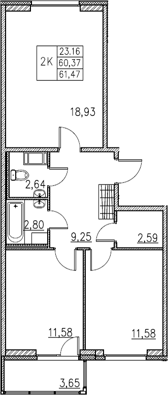 3-комнатная 64 м<sup>2</sup> на 2 этаже 3-комнатная 64 м<sup>2</sup> на 2 этаже