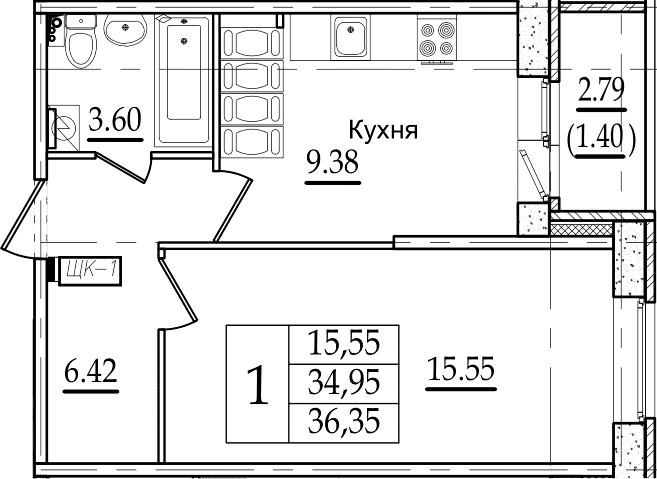 1-комнатная 37 м<sup>2</sup> на 16 этаже 1-комнатная 37 м<sup>2</sup> на 16 этаже