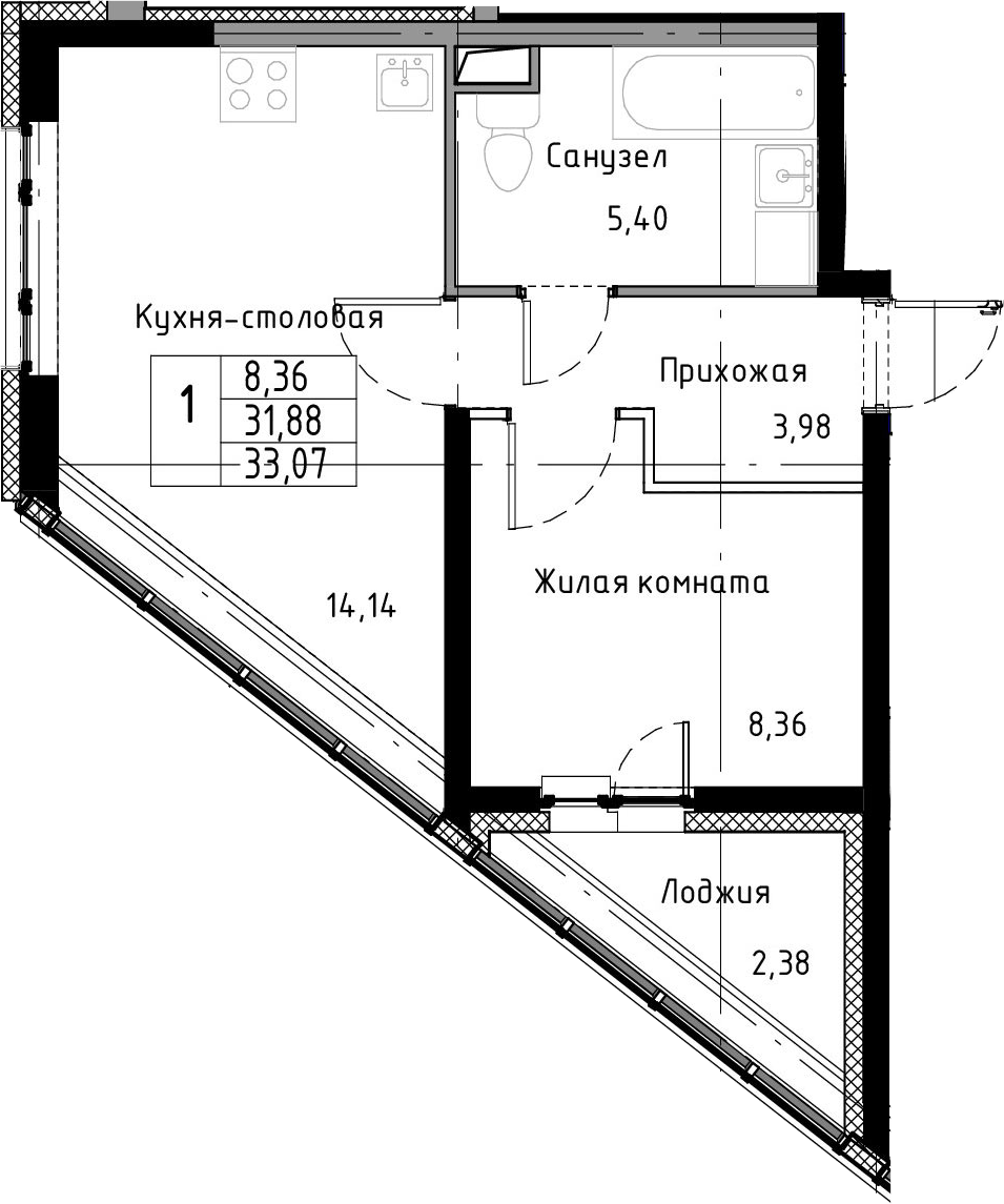 1-комнатная 34 м<sup>2</sup> на 2 этаже 1-комнатная 34 м<sup>2</sup> на 2 этаже
