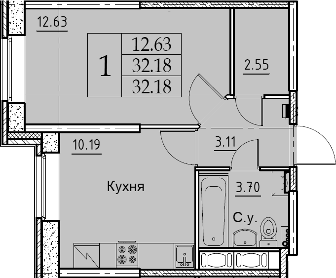 1-комнатная 32 м<sup>2</sup> на 1 этаже 1-комнатная 32 м<sup>2</sup> на 1 этаже