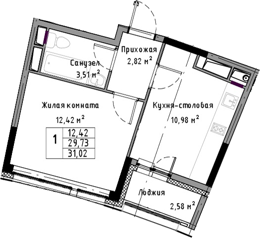 1-комнатная 32 м<sup>2</sup> на 13 этаже 1-комнатная 32 м<sup>2</sup> на 13 этаже