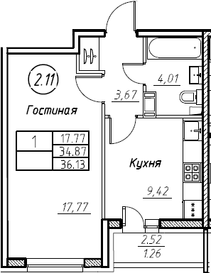 1-комнатная 37 м<sup>2</sup> на 3 этаже 1-комнатная 37 м<sup>2</sup> на 3 этаже
