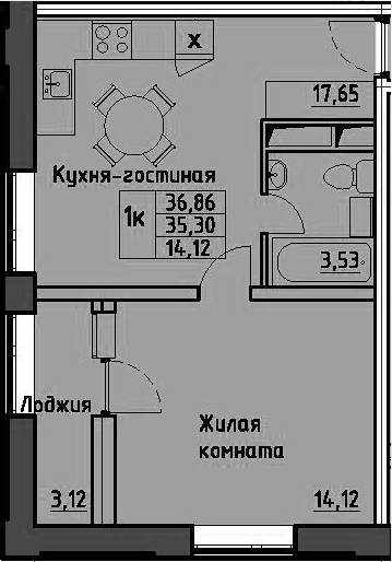 1-комнатная 38 м<sup>2</sup> на 11 этаже 1-комнатная 38 м<sup>2</sup> на 11 этаже
