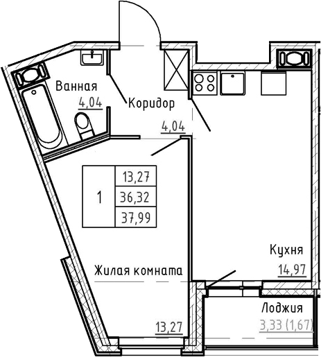 1-комнатная 39 м<sup>2</sup> на 2 этаже 1-комнатная 39 м<sup>2</sup> на 2 этаже