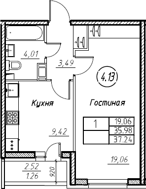 1-комнатная 38 м<sup>2</sup> на 3 этаже 1-комнатная 38 м<sup>2</sup> на 3 этаже