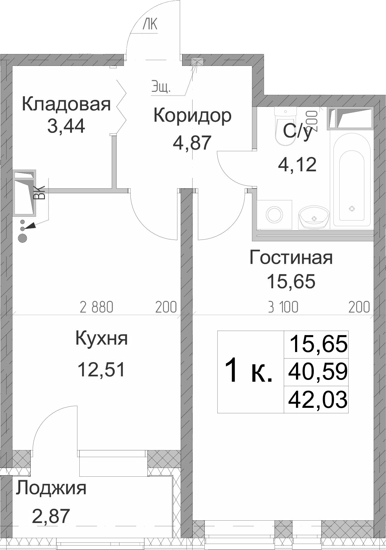 1-комнатная 43 м<sup>2</sup> на 1 этаже 1-комнатная 43 м<sup>2</sup> на 1 этаже
