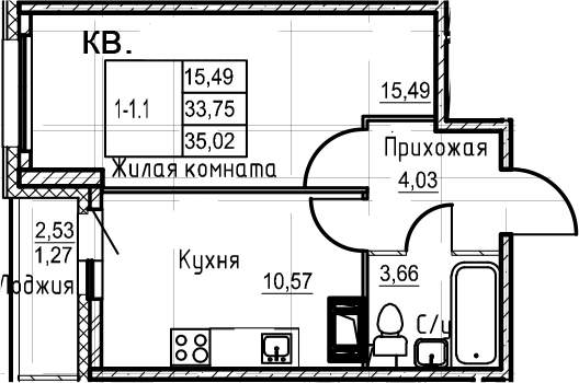 1-комнатная 36 м<sup>2</sup> на 17 этаже 1-комнатная 36 м<sup>2</sup> на 17 этаже