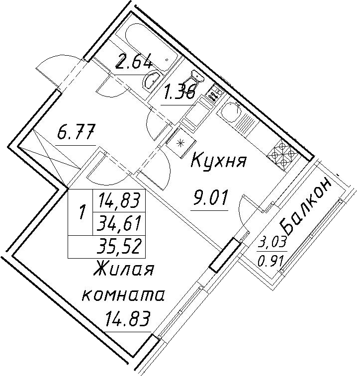 1-комнатная 37 м<sup>2</sup> на 6 этаже 1-комнатная 37 м<sup>2</sup> на 6 этаже