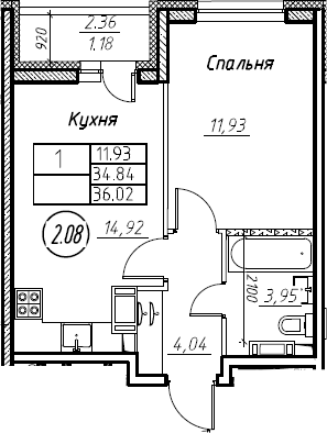 1-комнатная 37 м<sup>2</sup> на 14 этаже 1-комнатная 37 м<sup>2</sup> на 14 этаже